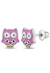 good-looking silver enamel owl screw back baby earrings